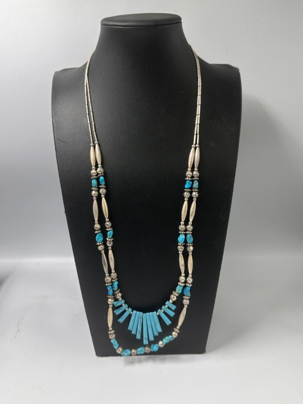 3/$30 Faux Turquoise Necklace Double Strand Silver Bead Southwestern Boho 26in